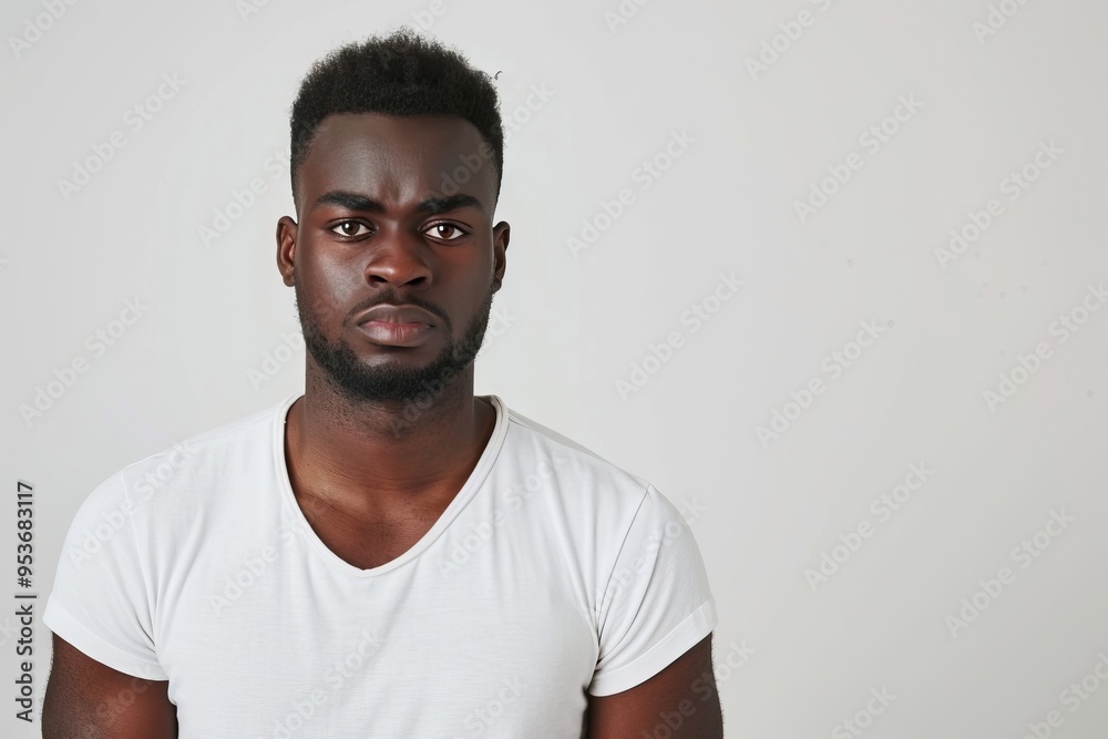 Serious student employee in casual attire poses against white background. Serious student employee in casual attire poses against white background.