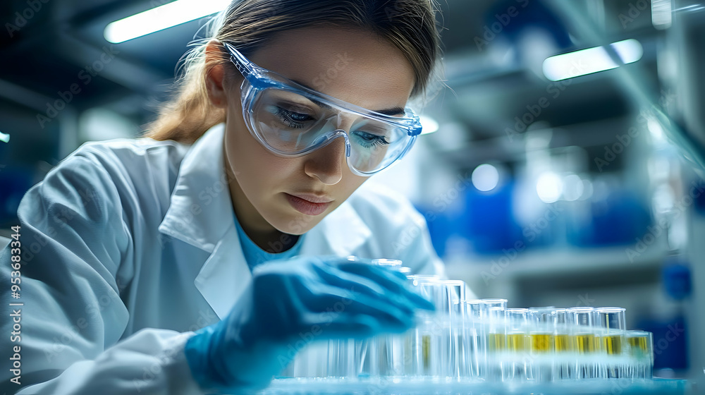 A scientist wearing protective goggles and gloves examines test tubes in a laboratory setting. A scientist wearing protective goggles and gloves examines test tubes in a laboratory setting.