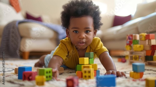 A baby is playing with a pile of wooden blocks