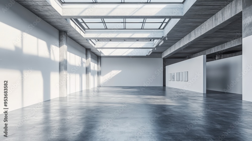 Modern open ceiling with sky view gallery interior with concrete flooring. Art and exhibition design concept. 3D Rendering Modern open ceiling with sky view gallery interior with concrete flooring. Art and exhibition design concept. 3D Rendering