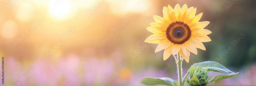 Obraz premium Beautiful sunflower on blur garden with sunlight on background