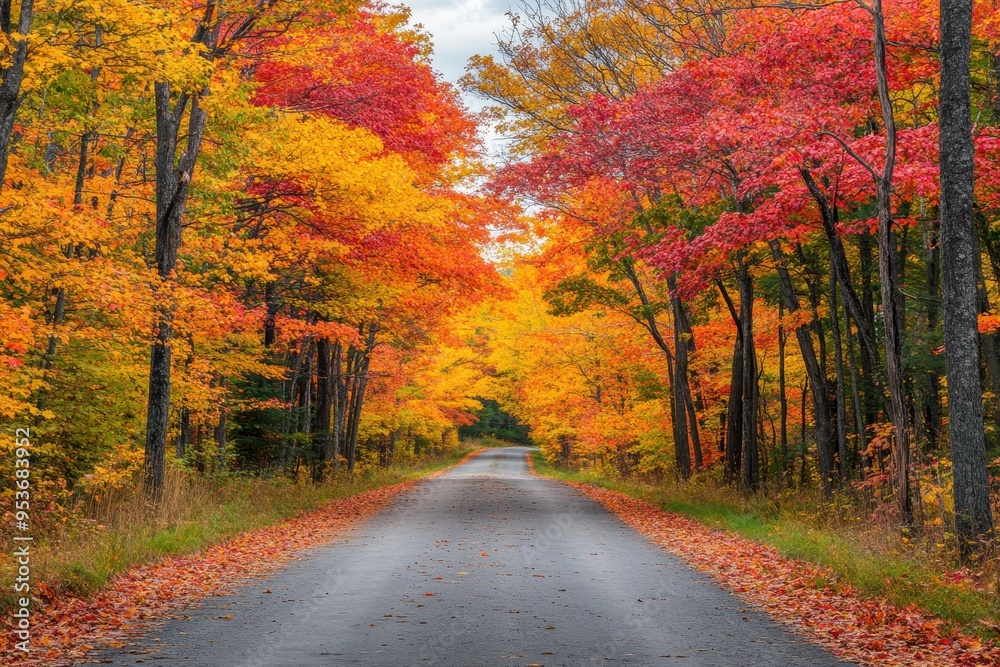 Obraz premium A scenic road surrounded by vibrant autumn foliage of orange, red, and yellow leaves.
