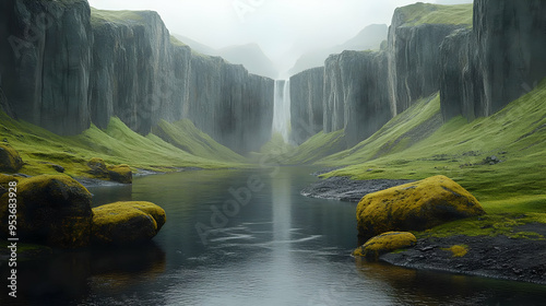 A serene lake nestled betwe...