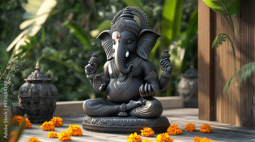 Ganesh idol sitting on a slab of stone with a few flowers and leaves on the ground 