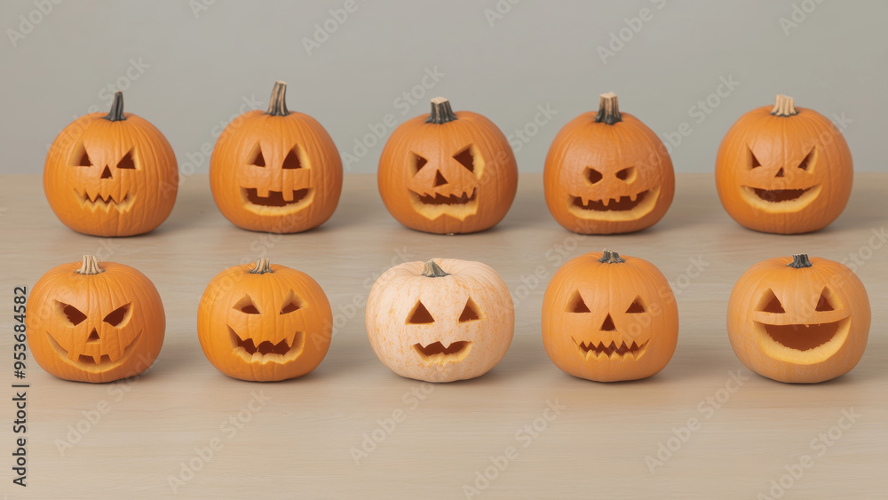 Set of carved orange pumpkins with different spooky and playful expressions Set of carved orange pumpkins with different spooky and playful expressions