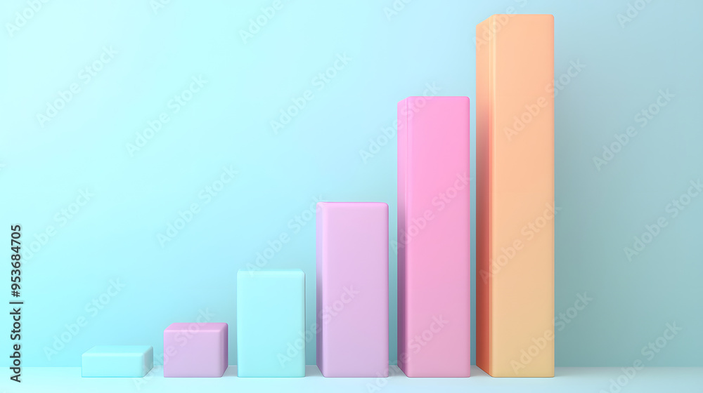 A pastel color 3D financial bar chart rising with bue background A pastel color 3D financial bar chart rising with bue background