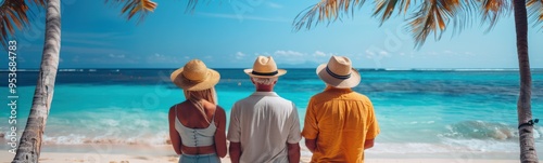 Three people standing on a beach looking out at the ocean, portrait, banner, copy space