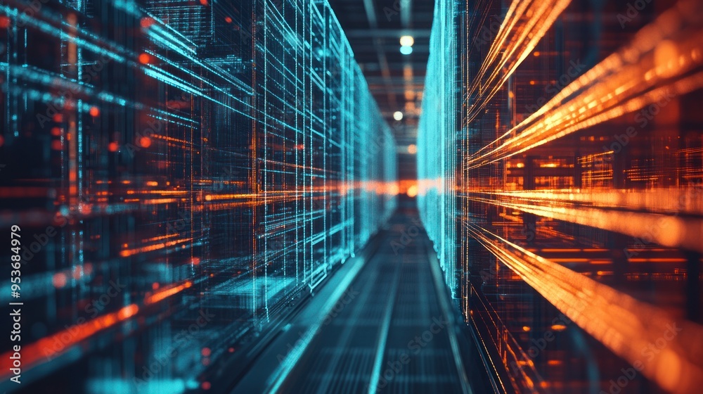 Fototapeta premium Abstract Digital Server Racks with Blue and Orange Lights