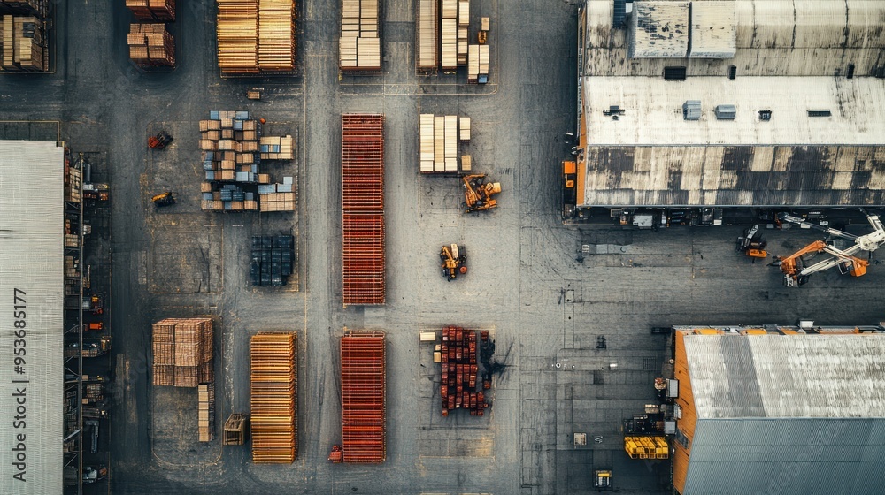 Aerial View of Industrial Complex with Stacks of Material Aerial View of Industrial Complex with Stacks of Material