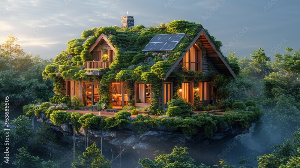 Eco-Friendly House with Green Roof and Solar Panels. An eco-friendly wooden house cottage featuring a lush green roof and solar panels Eco-Friendly House with Green Roof and Solar Panels. An eco-friendly wooden house cottage featuring a lush green roof and solar panels