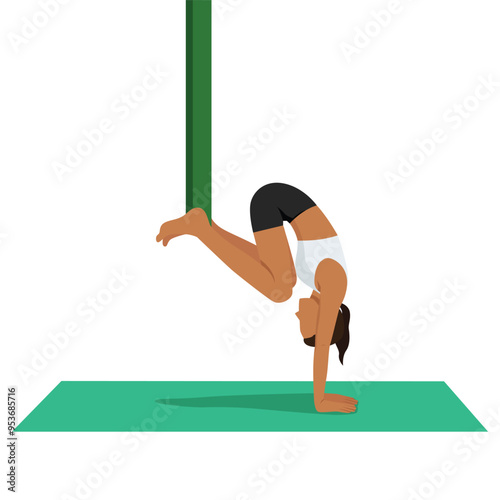 Young woman doing One Legged Handstand Pose Prep Aerial or  Eka Pada Adho Mukha Vrksasana yoga exercise. Flat vector illustration isolated on white background
