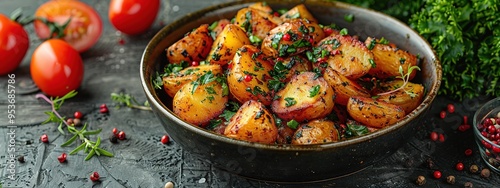 fried potatoes with greens on the table Close-up Copy space