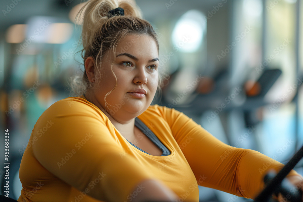 Fototapeta premium Overweight plus size woman exercising at gym, healthy body concept.