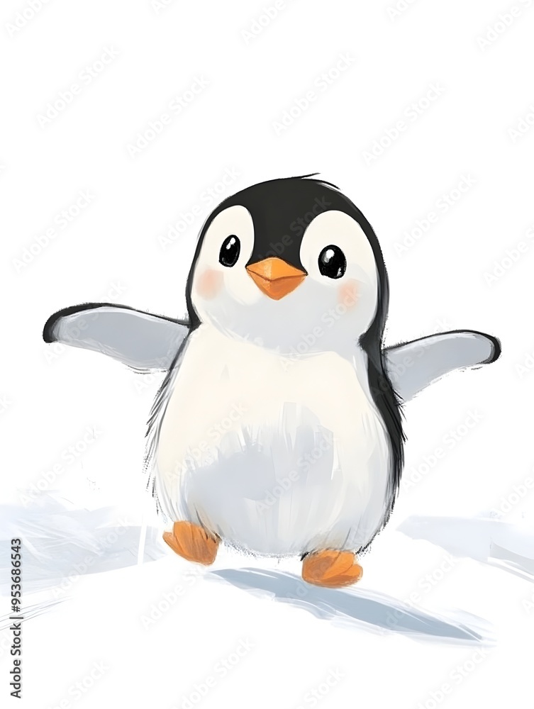 Fototapeta premium Cheerful Penguin Sticker Sliding on Icy Surface with Minimalist Elegance
