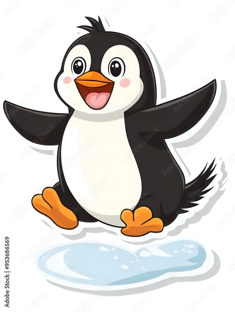 Obraz premium Playful Penguin Sliding on Minimalistic Icy Background