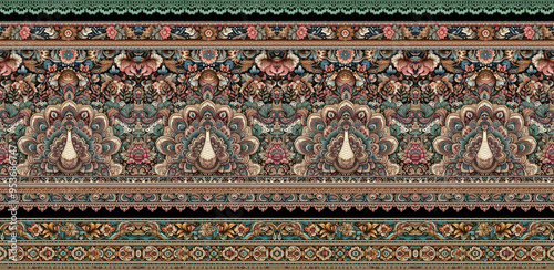 digital Traditional Geometric Ethnic border, floral leaves baroque pattern and Mughal art elements, Abstract texture motif, and vintage Ornament artwork combination for textile printing