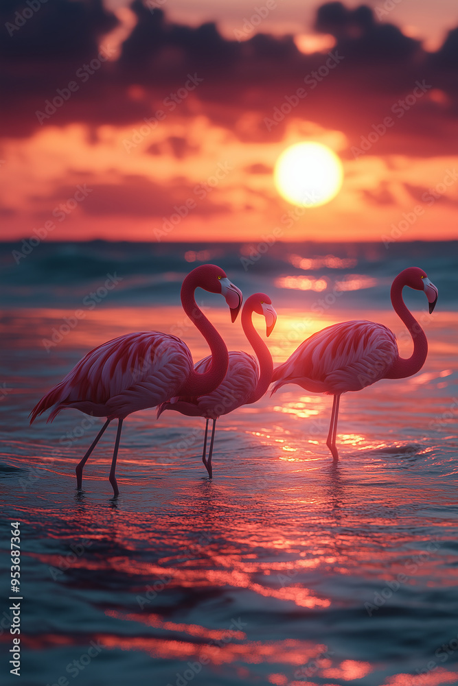 Fototapeta premium 3D image of a flamingo walking in the water at sunset. Beautiful sky with light reflecting on the sea surface