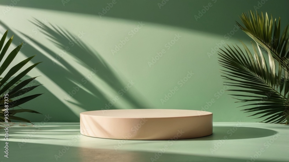 Empty round podium casting shadow on green background with palm leaves Empty round podium casting shadow on green background with palm leaves