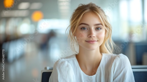 Free Download A cheerful young traveler sits in a lively airport, exuding positivity and excitement - GFXLoad
