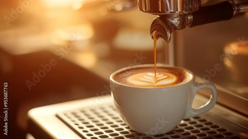 Close-Up of Coffee Pouring into a White Ceramic Mug, Rich Aroma, Brown and Golden Tones, Morning Light, Copy Space for Coffee Shop Branding photo