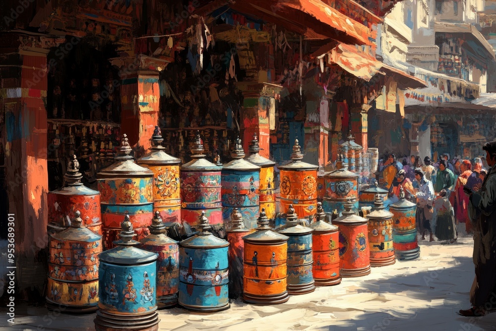 Tibetan Prayer Wheel Market Stall Buddhism Religion Spiritual Symbol Tibetan Prayer Wheel Market Stall Buddhism Religion Spiritual Symbol