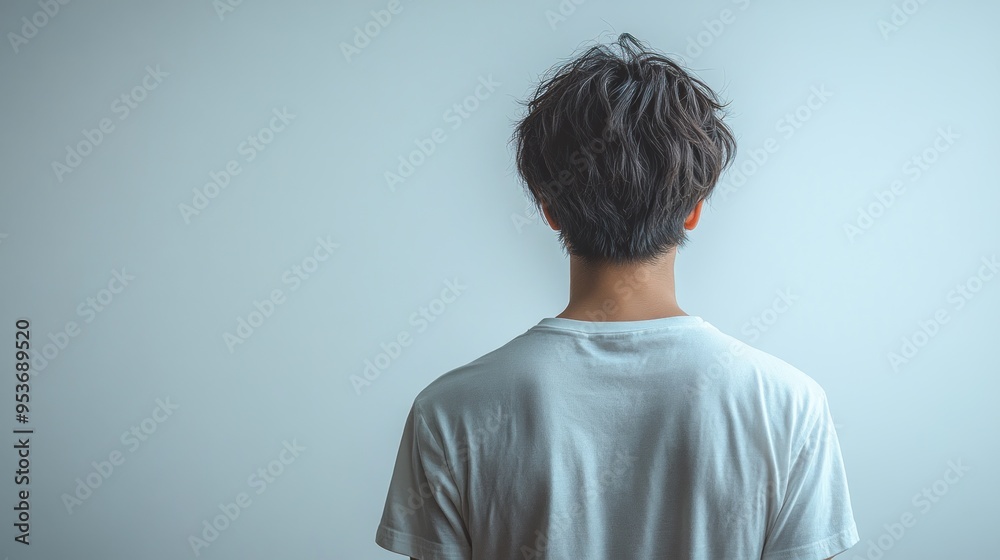 A young person stands quietly with their back turned, lost in thoughts A young person stands quietly with their back turned, lost in thoughts