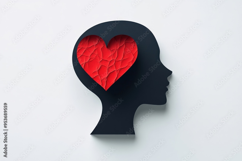Heart inside a head silhouette, clean design, minimal flat design illustration on white background, copy space for stock photo with minimal concept, No logo, No Trademark, No text Heart inside a head silhouette, clean design, minimal flat design illustration on white background, copy space for stock photo with minimal concept, No logo, No Trademark, No text