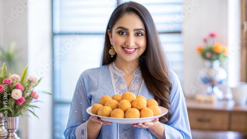 India  pretty young woman holding plate full of sweet ladoo or laddu on diwali night photo