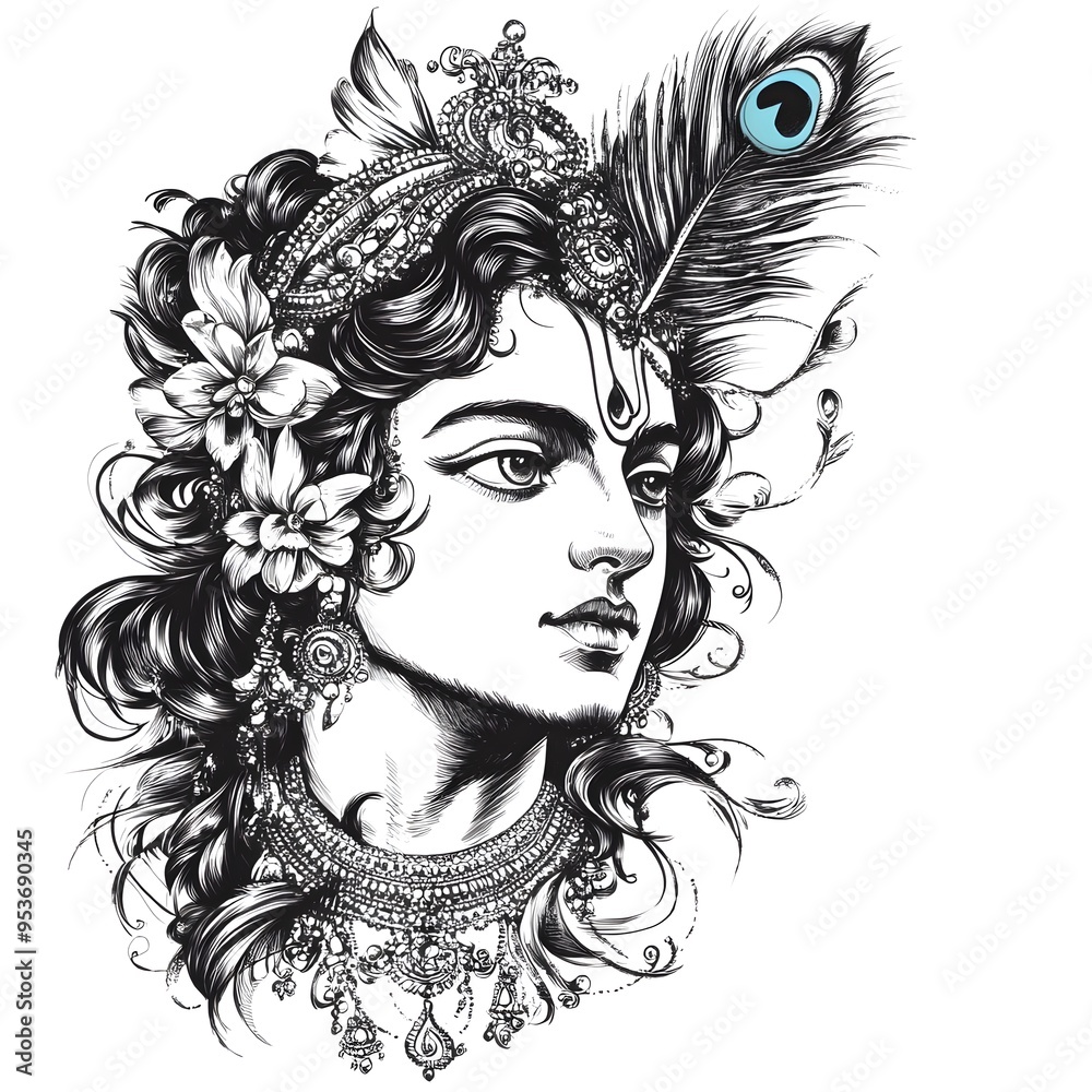 Fototapeta premium A detailed drawing of Krishna, a Hindu god, with a peacock feather in his hair.