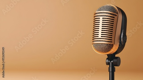 Classic microphone on a stand against a soft, warm background, perfect for music, podcasts, or performance themes.