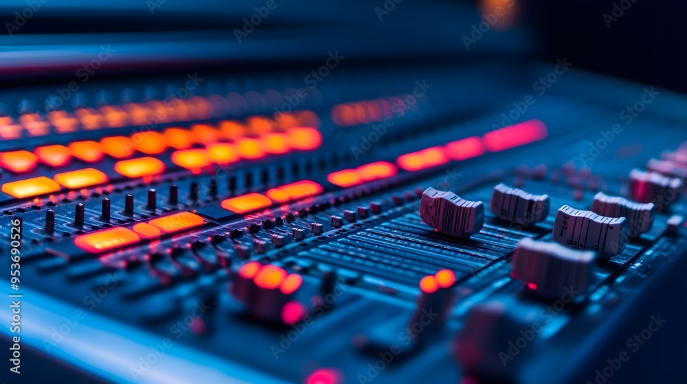 Close-up view of a sound mixing console with vibrant buttons and sliders glowing in blue and orange light. Close-up view of a sound mixing console with vibrant buttons and sliders glowing in blue and orange light.