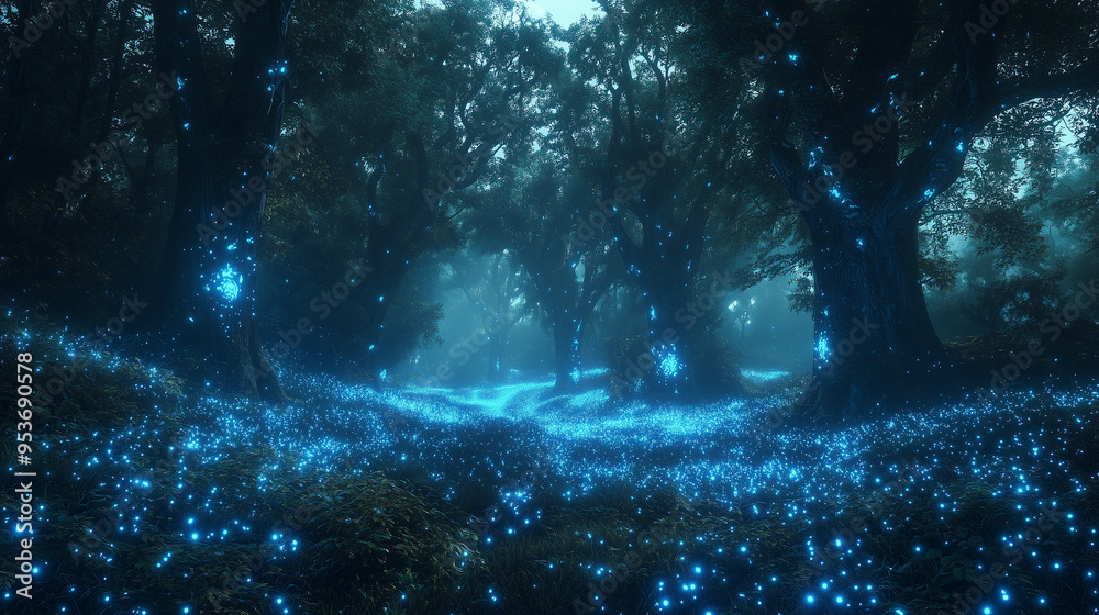 serene forest landscape glowing with bioluminescent light, where the peaceful ambiance fills the night with a sense of wonder serene forest landscape glowing with bioluminescent light, where the peaceful ambiance fills the night with a sense of wonder