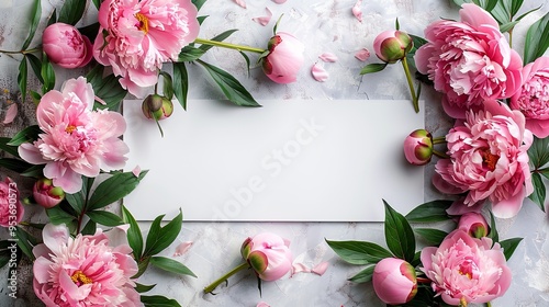 Fototapeta Naklejka Na Ścianę i Meble -  Blank wedding card mockup with pink peony flowers