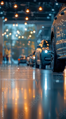 Blur view of new modern car in showroom