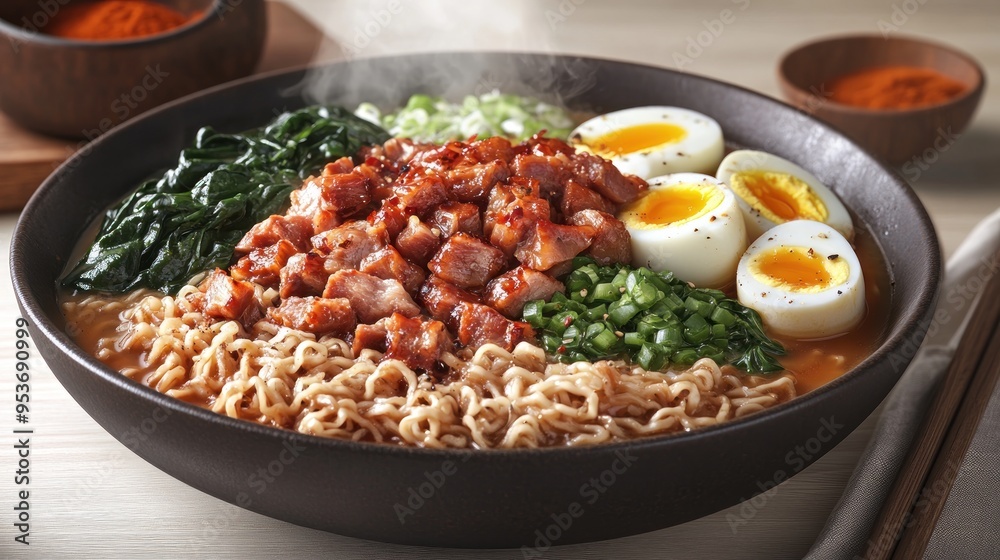 Tasty ramen with tender meat, marinated eggs, and fresh vegetables for warmth Tasty ramen with tender meat, marinated eggs, and fresh vegetables for warmth