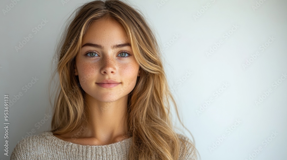 A young woman with long blonde hair exudes warmth and confidence in a cozy setting A young woman with long blonde hair exudes warmth and confidence in a cozy setting