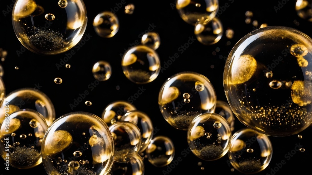 Golden bubbles floating on a black background creating abstract pattern Golden bubbles floating on a black background creating abstract pattern