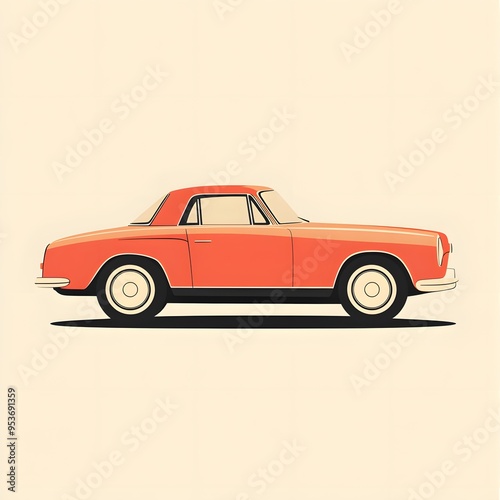 A red vintage car with a white background and a soft shadow beneath.