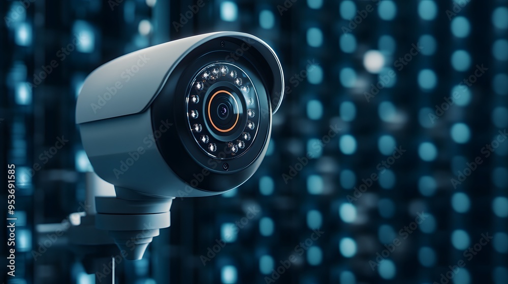 High-tech security camera monitoring from a digital backdrop, ensuring safety and surveillance with advanced technology. High-tech security camera monitoring from a digital backdrop, ensuring safety and surveillance with advanced technology.