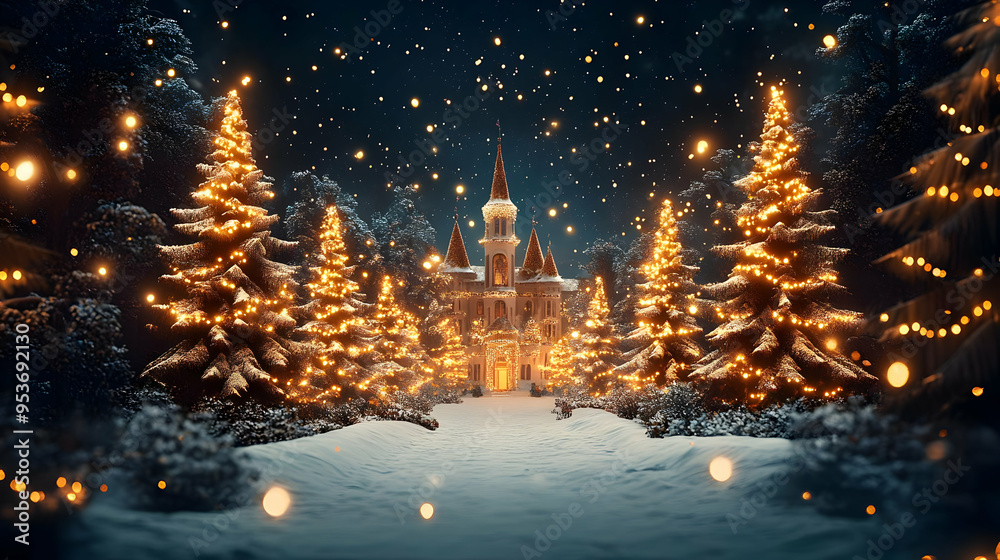 A snow-covered path leads to a fairytale castle, illuminated by twinkling lights on Christmas trees and falling snow. A snow-covered path leads to a fairytale castle, illuminated by twinkling lights on Christmas trees and falling snow.