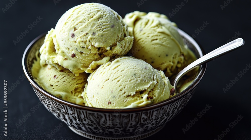 Creamy mint chocolate chip ice cream is generously scooped in a decorative bowl Creamy mint chocolate chip ice cream is generously scooped in a decorative bowl
