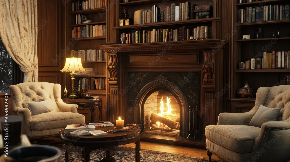 Naklejka premium Cozy Library Room with Fireplace and Bookshelves