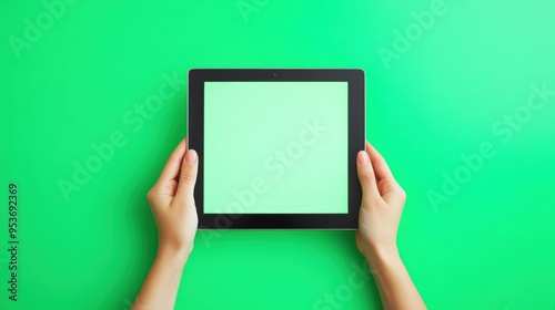 Two hands holding a green screen tablet, minimalist concept, flat design illustration on white background, copy space for stock photo with minimal concept, No logo, No Trademark, No text