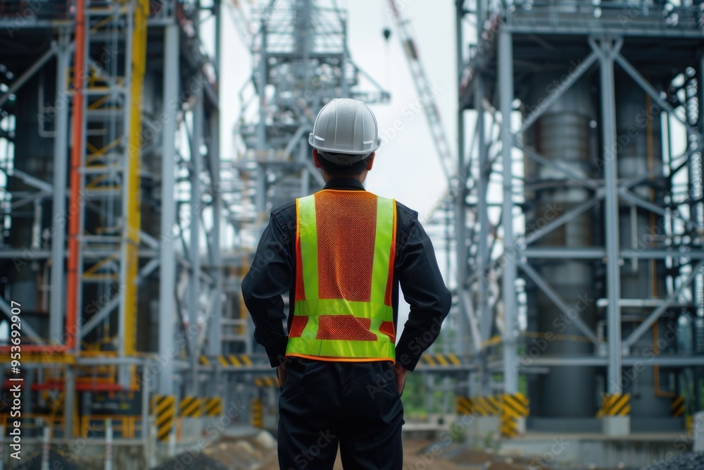 Engineer in safety gear at construction site with steel structure. Engineer in safety gear at construction site with steel structure.
