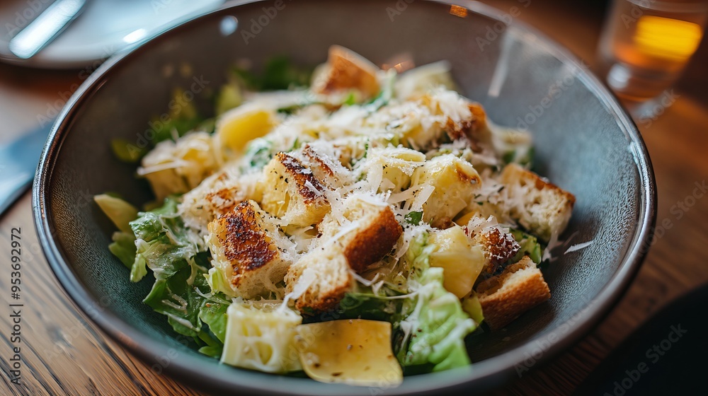 Caesar salad top view, concept of healthy, balanced diet