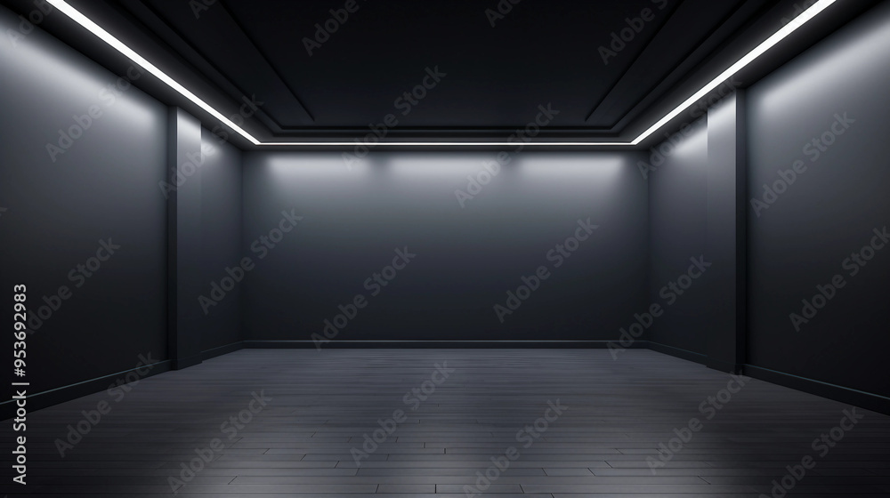 A Futuristic Dark Room with Minimalistic Interior and Bright Modern Light