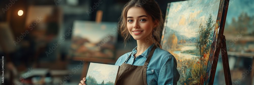 Female artist drawing in the studio Paint oil paintings with brush strokes on canvas. Female artist drawing in the studio Paint oil paintings with brush strokes on canvas.