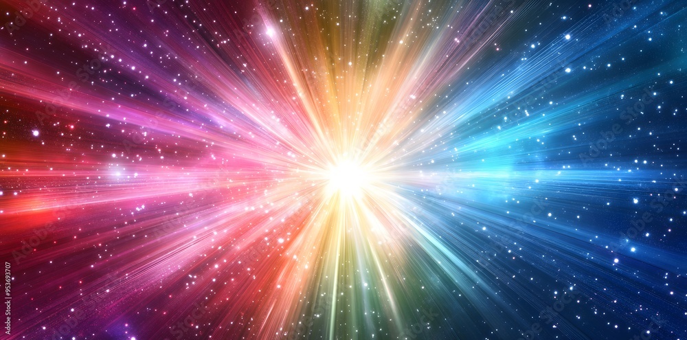 Naklejka premium Colorful light beams radiating from a bright center in a starry night sky.