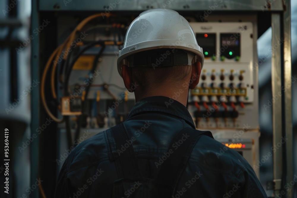 electrician is wearing a white helmet before working.. electrician is wearing a white helmet before working..