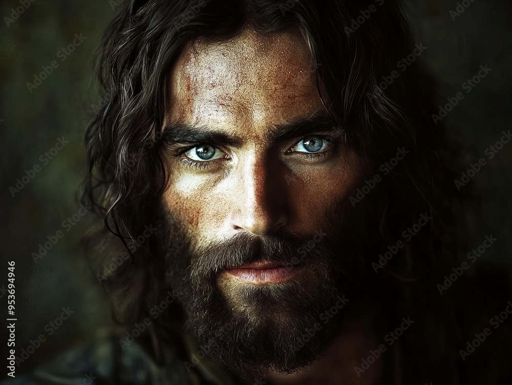 portrait of a handsome long-haired man with a beard in traditional tunic portrait of a handsome long-haired man with a beard in traditional tunic